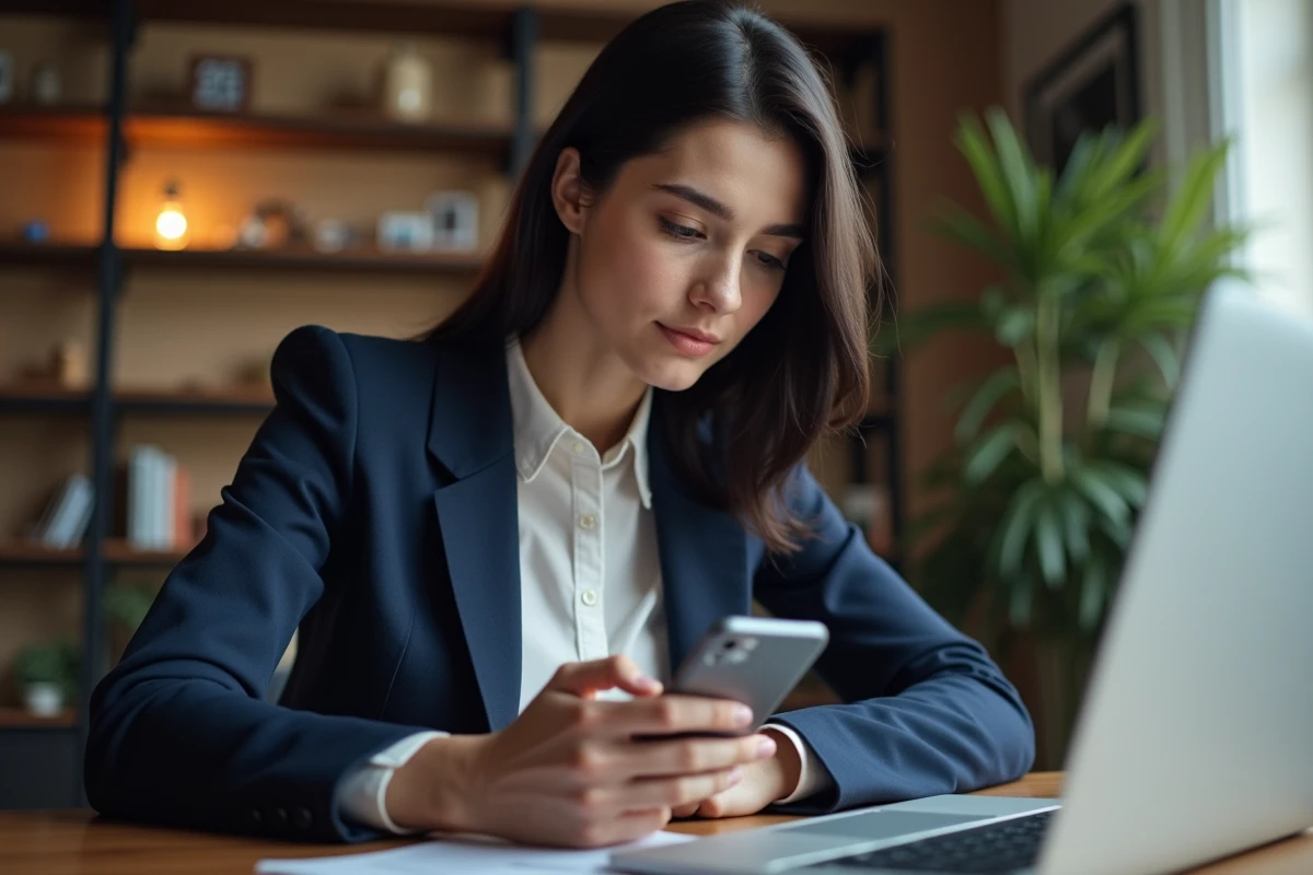 Femme composant un numéro de téléphone international +32 sur un smartphone dans un bureau à domicile