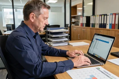 Comptable masculin calculant une durée entre deux dates sur un calendrier financier et un ordinateur portable en bureau moderne