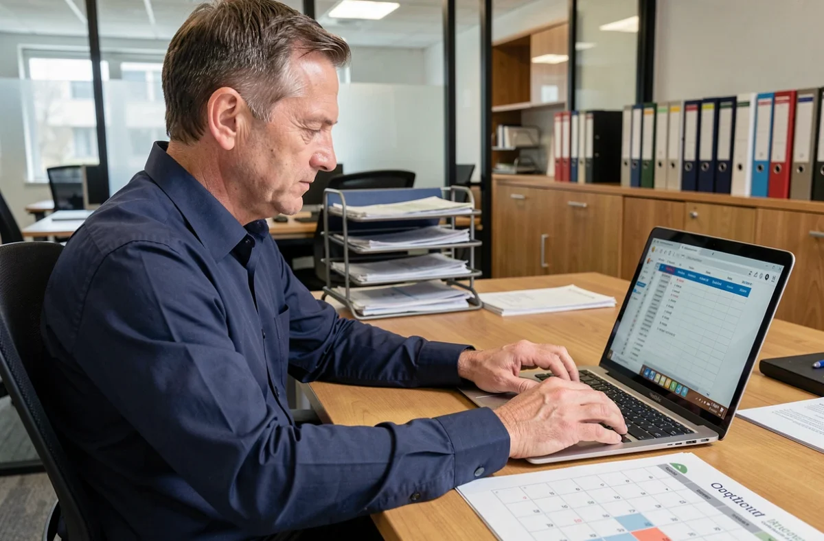 Comptable masculin calculant une durée entre deux dates sur un calendrier financier et un ordinateur portable en bureau moderne