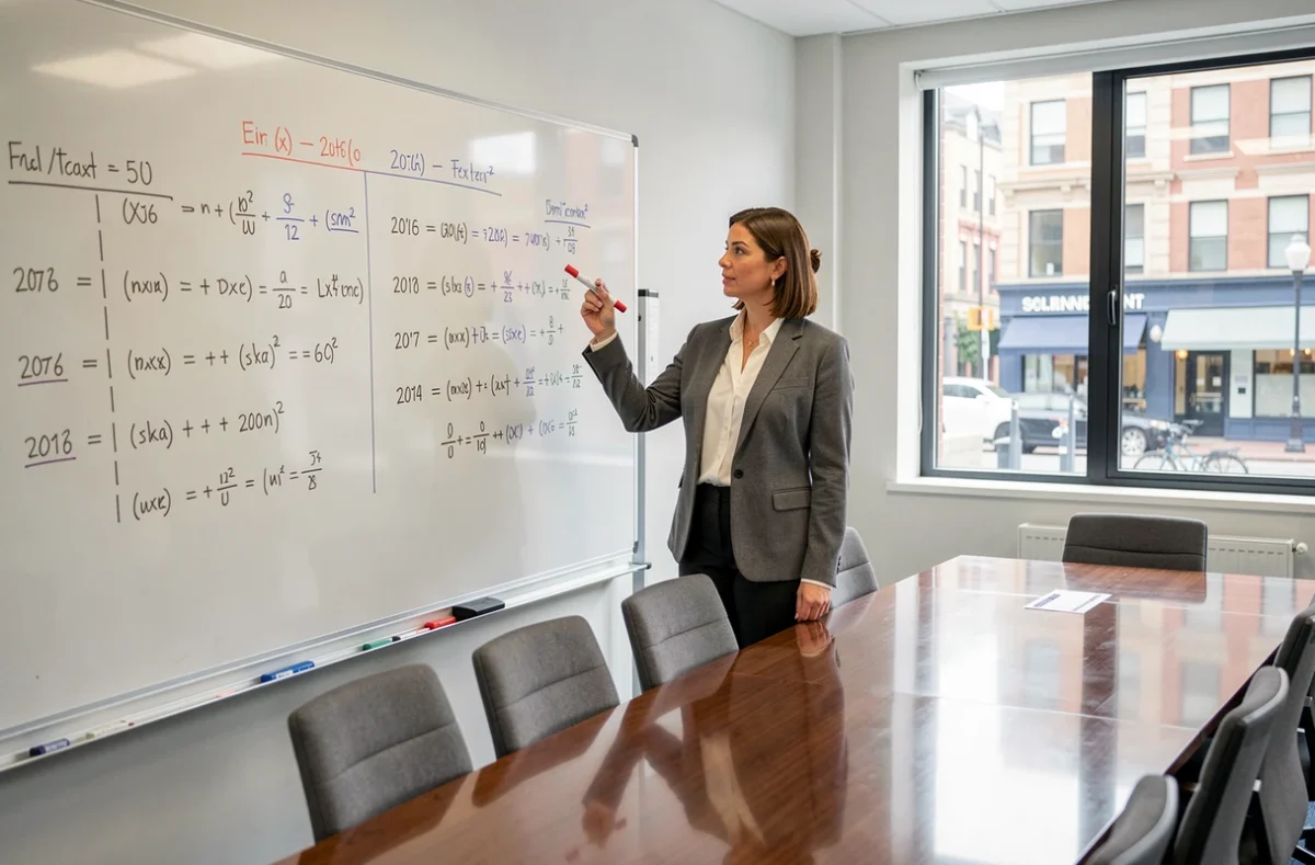 Comptable féminine présentant des calculs de durée comptable entre deux dates sur tableau blanc en salle de réunion