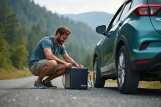 Homme connectant un panneau solaire à un petit réfrigérateur de voiture