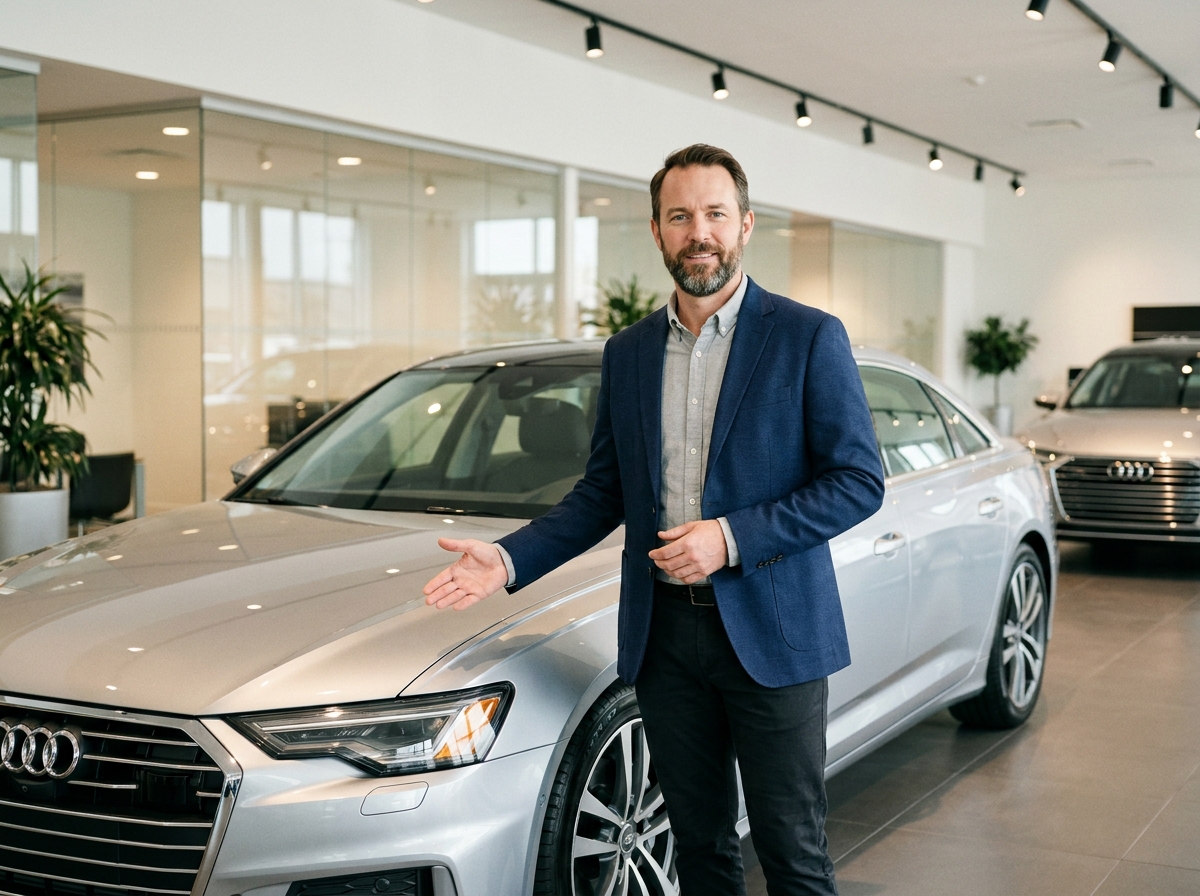 Conseiller automobile présentant une berline neuve dans une concession moderne