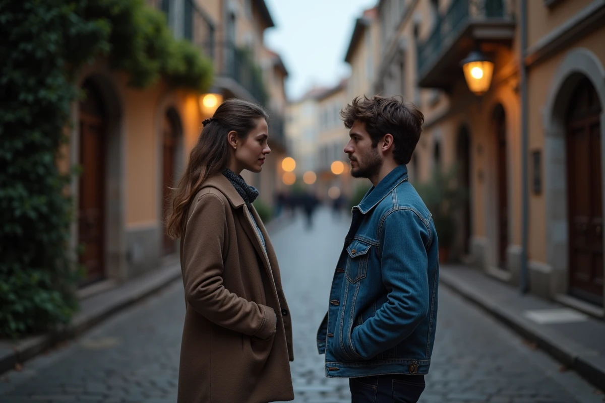 Couple debout à distance l'un de l'autre dans une ruelle pavée, représentant la frontière entre amour transi et amour impossible