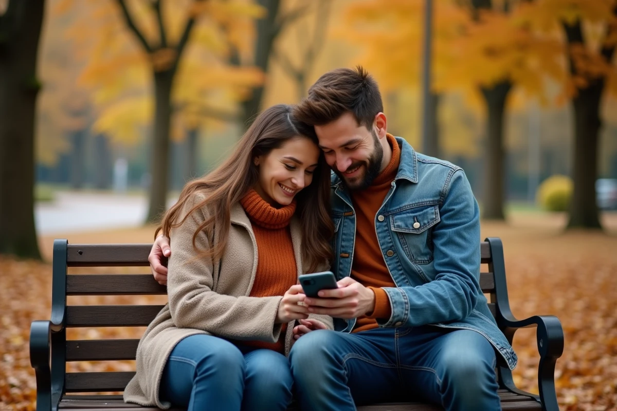 Couple assis dans un parc en automne regardant l'heure 15h55 sur un téléphone, évoquant la signification sentimentale de cette heure