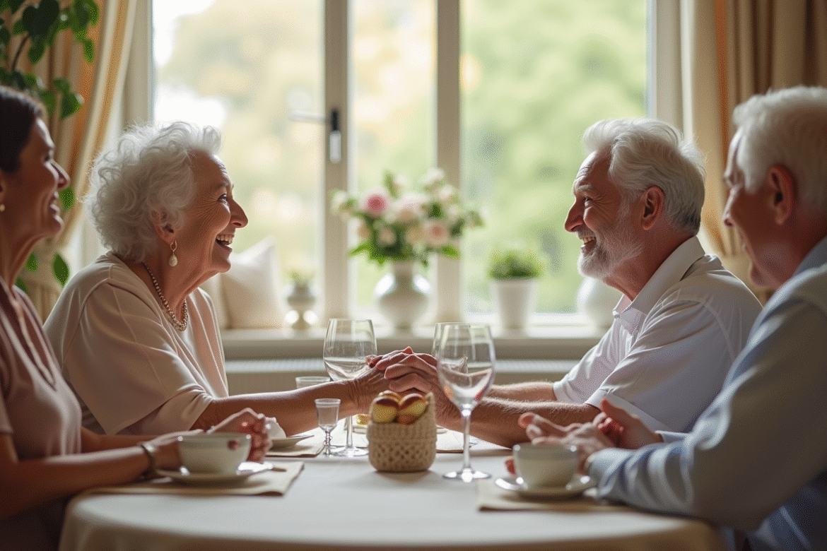 Couple senior souriant lors d'un repas familial chaleureux