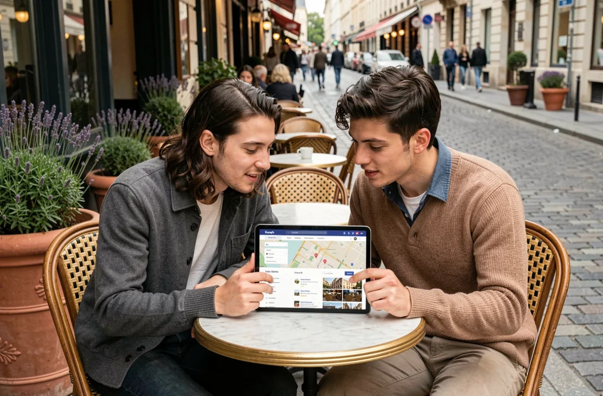 Couple attablé en terrasse consultant un site web de recherche de commerces ouverts à proximité sur une tablette