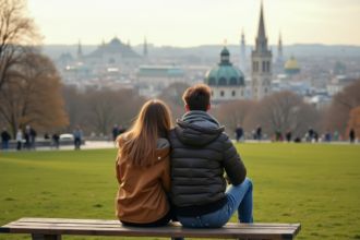 Jeune couple dans un parc urbain avec vue sur la ville
