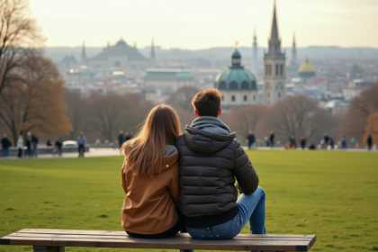 Jeune couple dans un parc urbain avec vue sur la ville