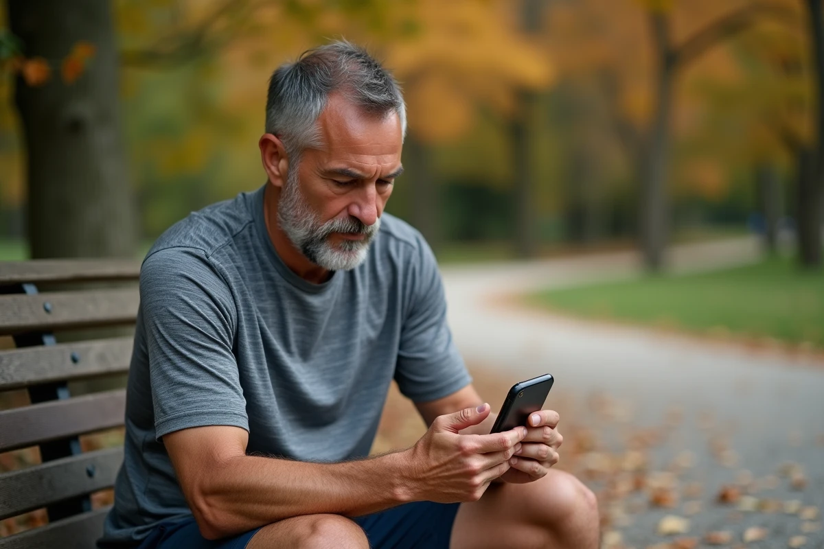 Coureur consultant une application de conversion mile kilomètre sur son smartphone pendant une pause