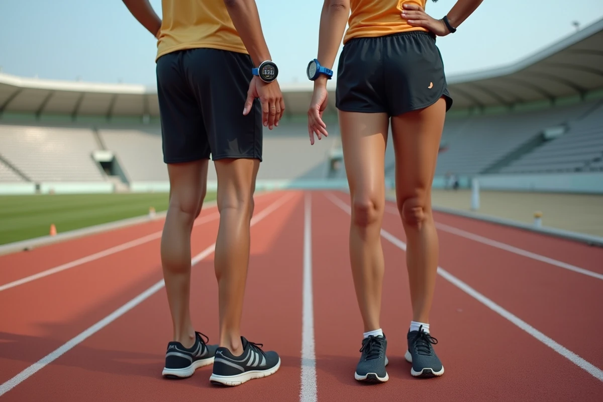 Deux coureurs comparant leurs allures en miles et kilomètres sur une montre GPS sur une piste d'athlétisme