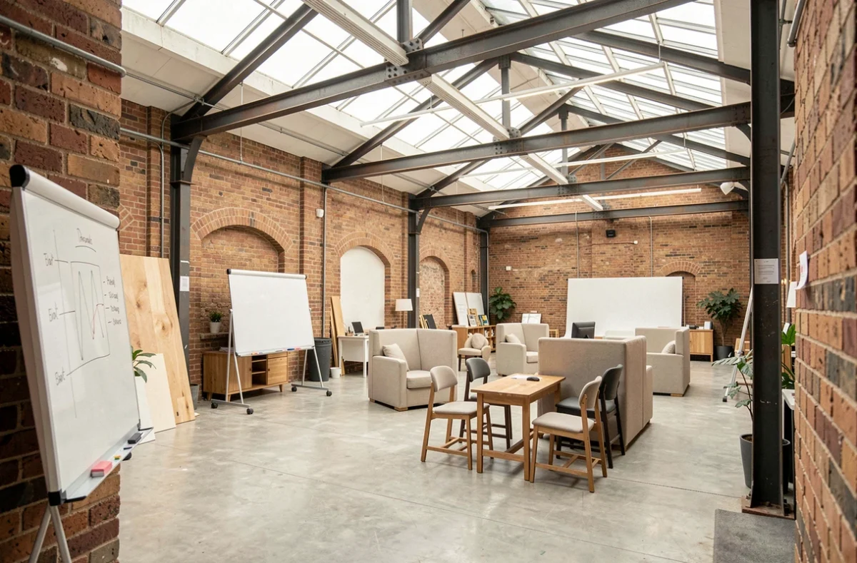 Salle polyvalente de Covent Garden Studios à Éragny avec murs en briques apparentes, sol béton et configuration atelier créatif