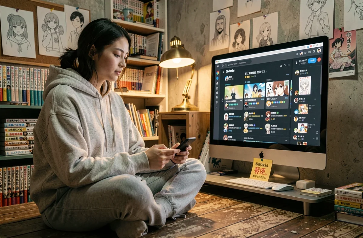Jeune femme découvrant des mangas méconnus via un serveur Discord dédié aux recommandations de mangas rares en 2026