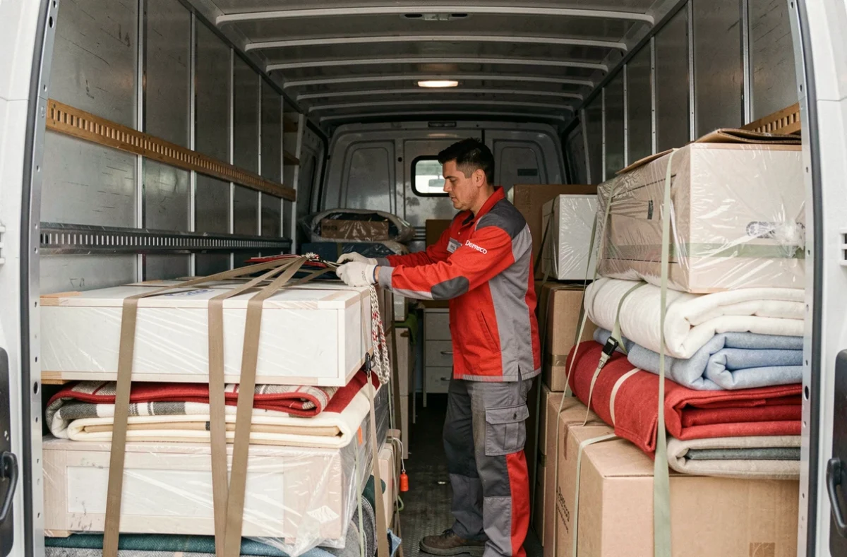 Un déménageur Demeco Seegmuller arrimant soigneusement des meubles emballés à l'intérieur d'un grand camion de déménagement