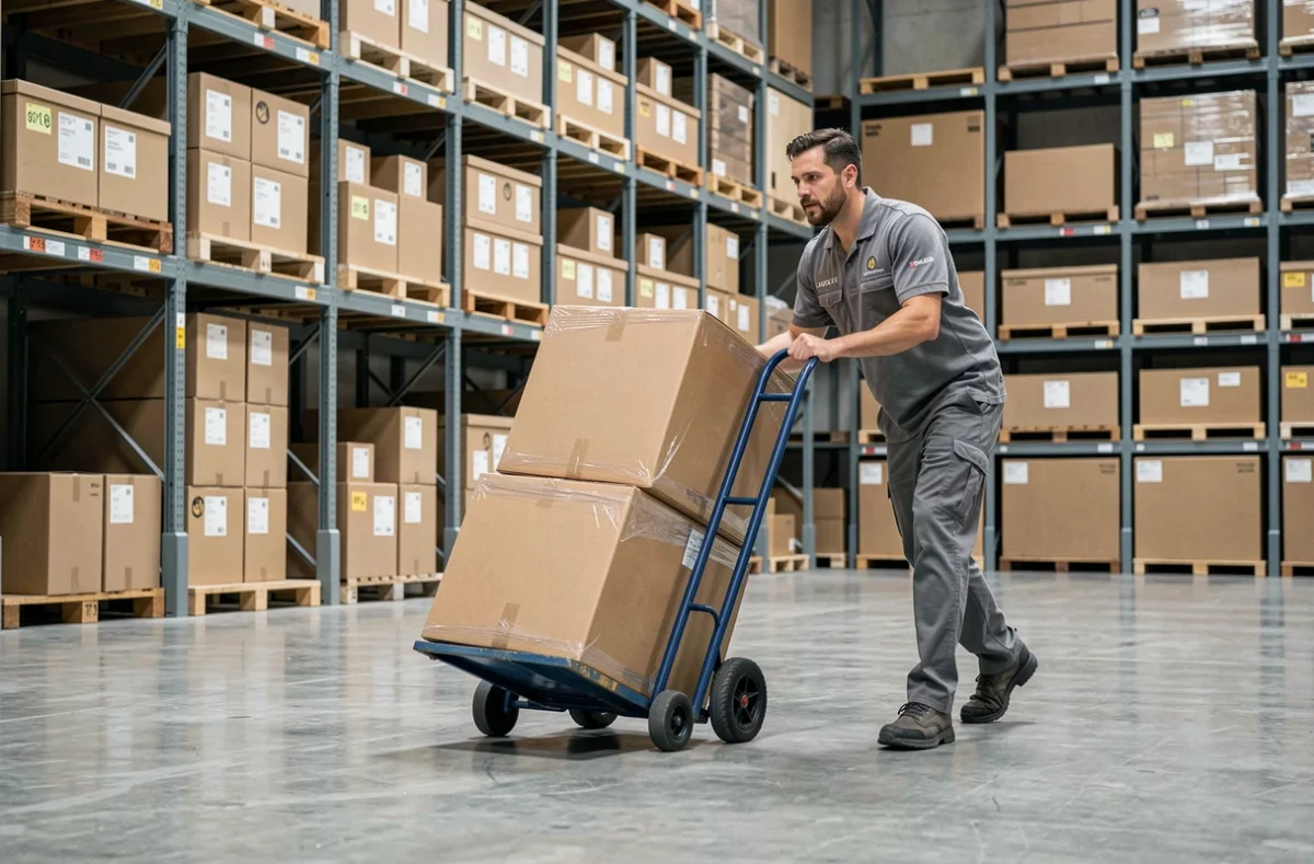 Un déménageur de la société Omnidem déplaçant des cartons dans un entrepôt moderne avec des rayonnages industriels