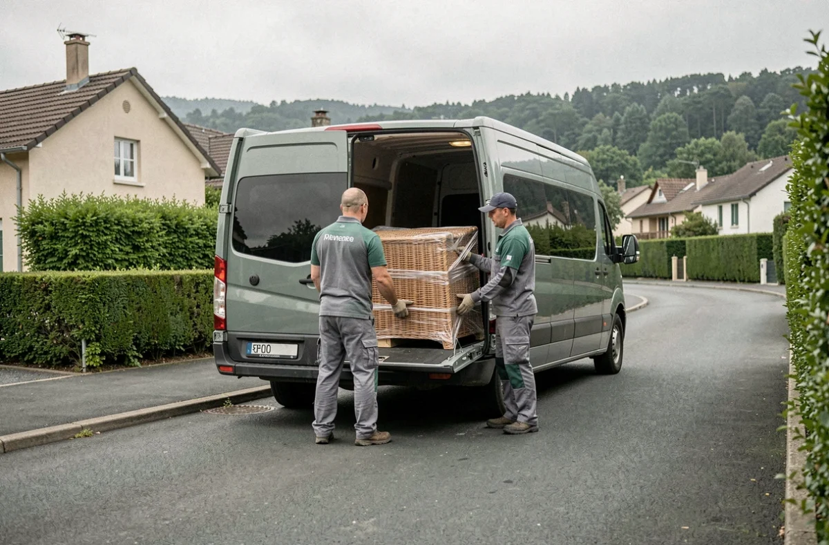 Deux déménageurs des Déménagements des Monts du Lyonnais chargeant une commode dans un van sur une rue de banlieue lyonnaise