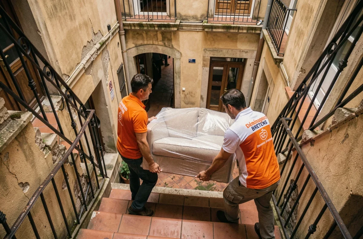 Deux déménageurs des Déménageurs Bretons Lyon portant un canapé emballé dans la cour d'un immeuble lyonnais au style traboule