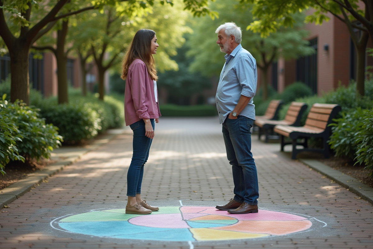 Jeune femme et homme dessinent un cercle de communication en extérieur