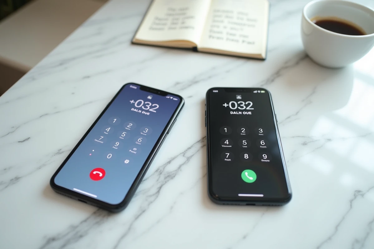 Deux smartphones affichant les formats +32 et 0032 posés sur un bureau en marbre avec un carnet de notes