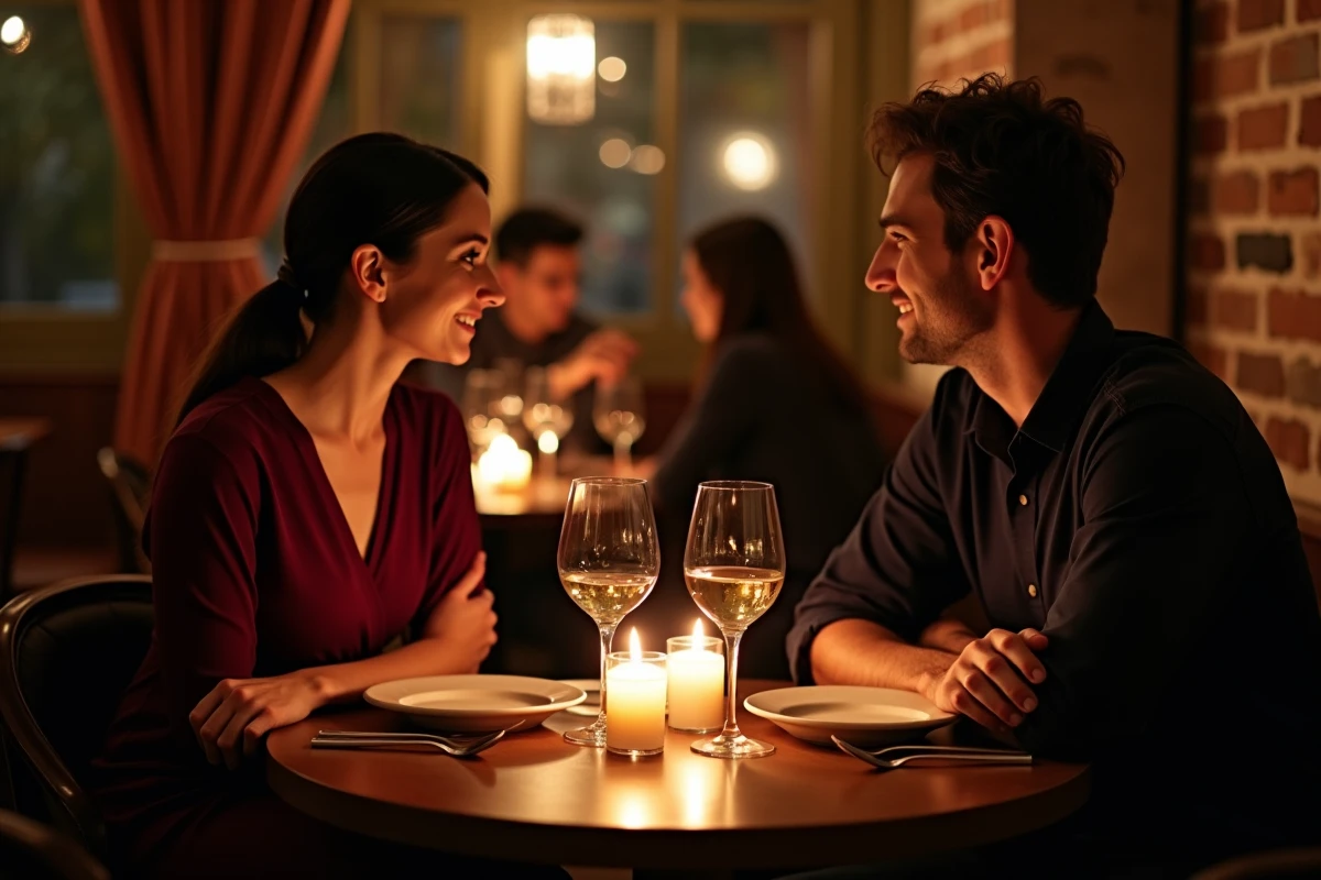Couple en dîner romantique aux chandelles dans un restaurant intimiste avec bougies et verres de vin
