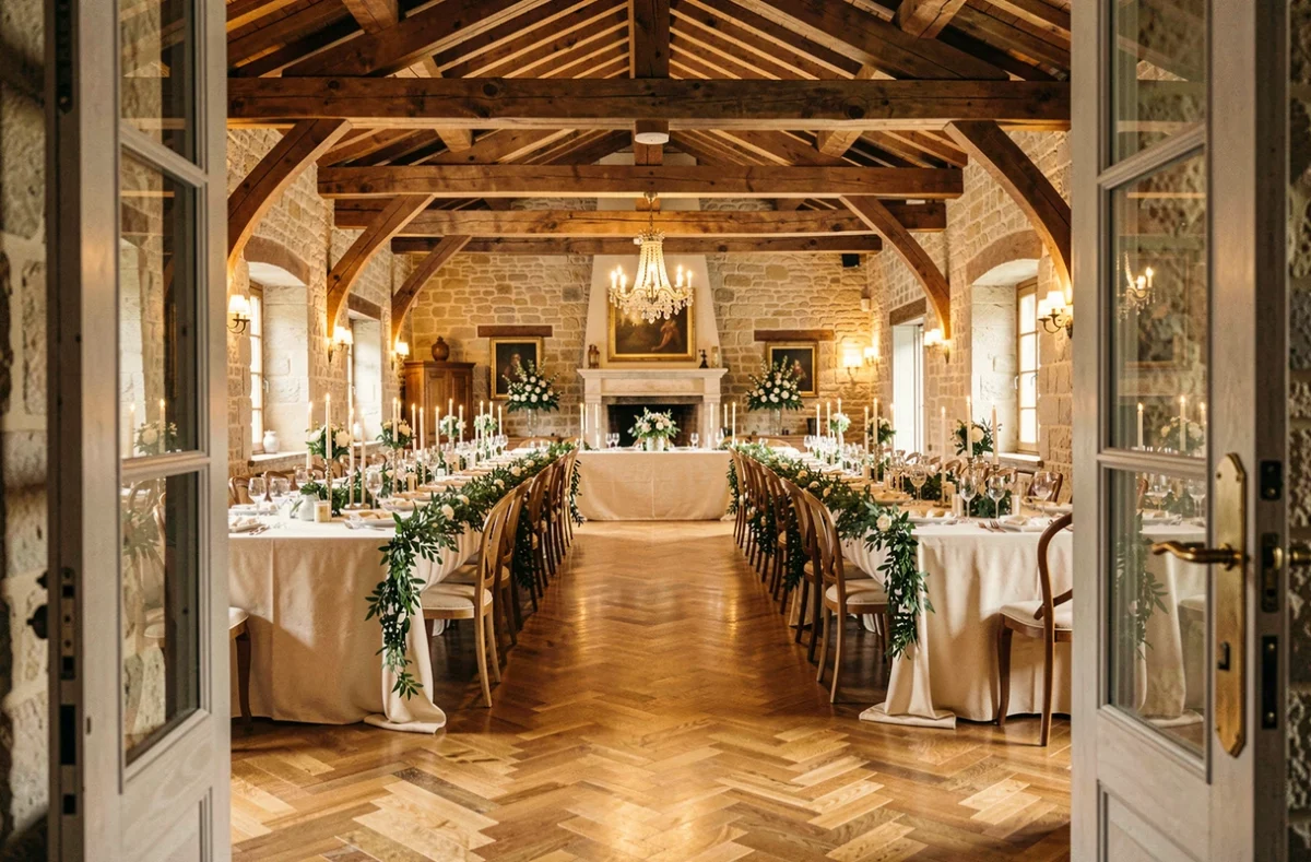 Salle de réception du Domaine des Cormellas à Cormeilles-en-Parisis avec murs en pierre, poutres apparentes et tables de banquet décorées