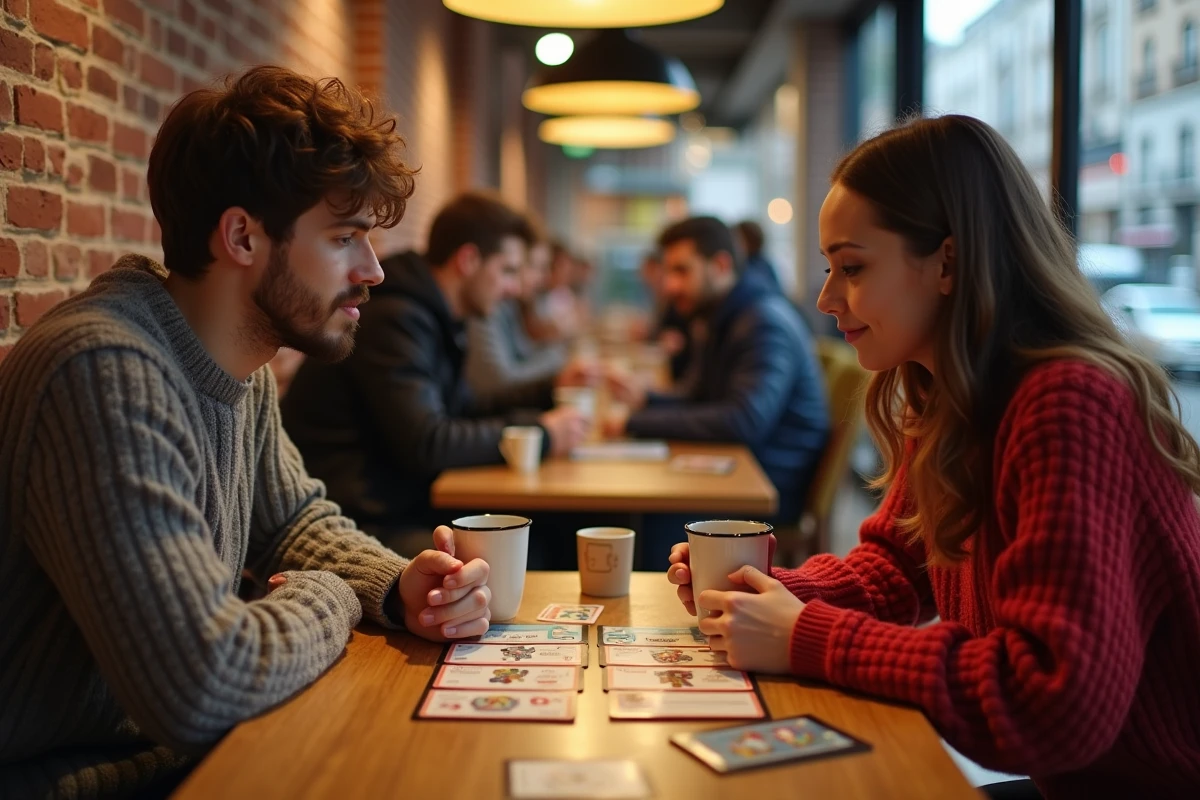 Deux amis jouant un duel de deck Pokémon Pocket face à face dans un café urbain