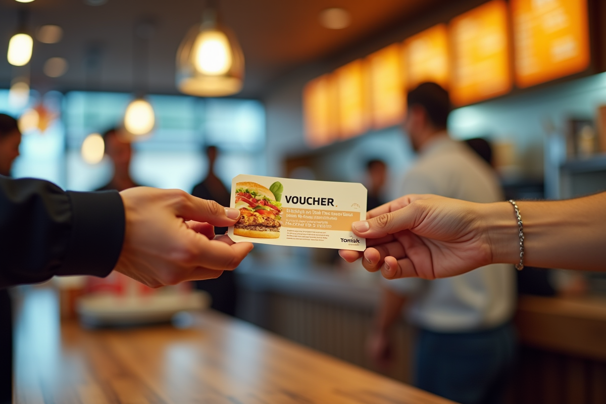 Mains échangeant un chèque vacances au comptoir de fastfood