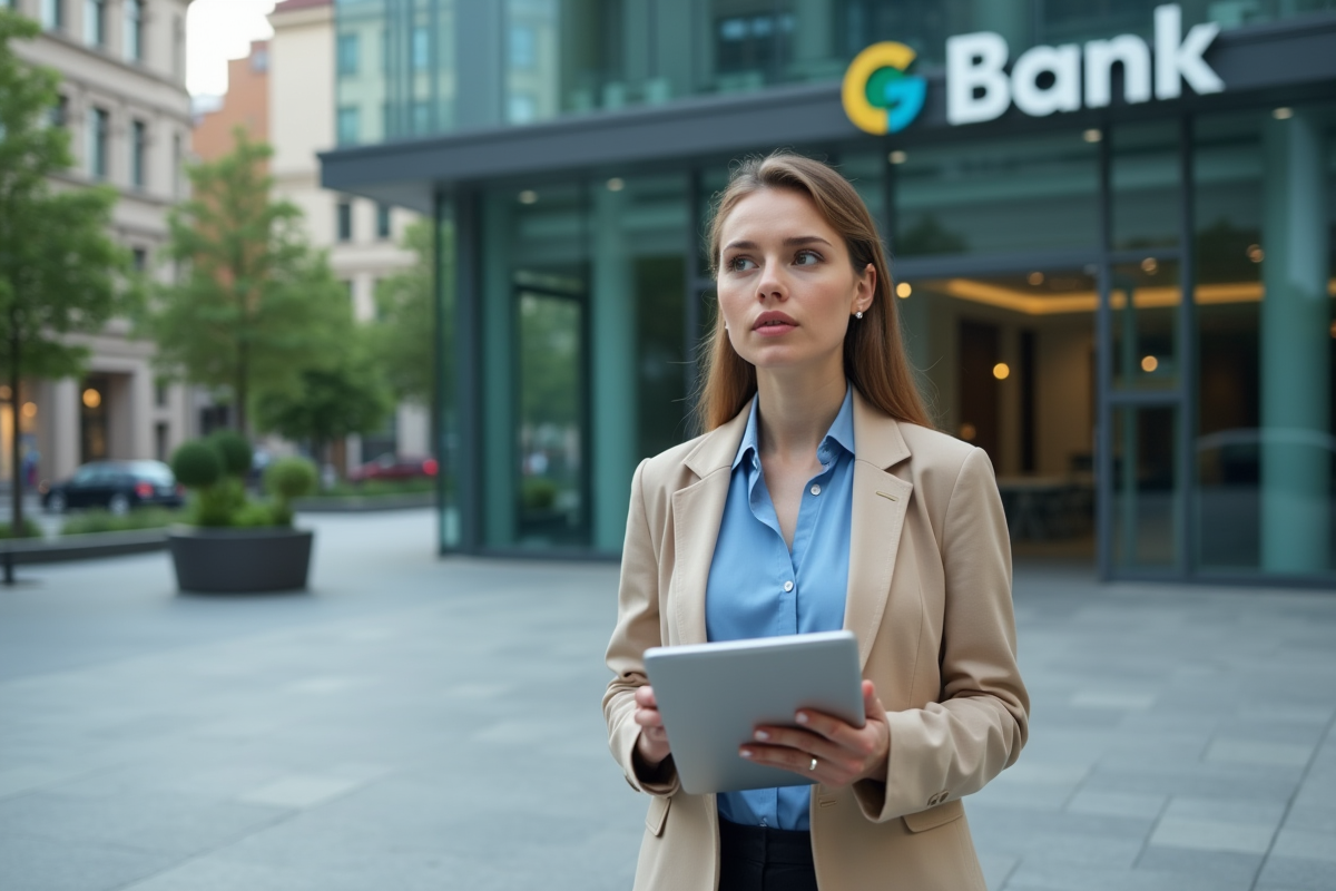 Jeune économiste en extérieur devant banque moderne avec tablette