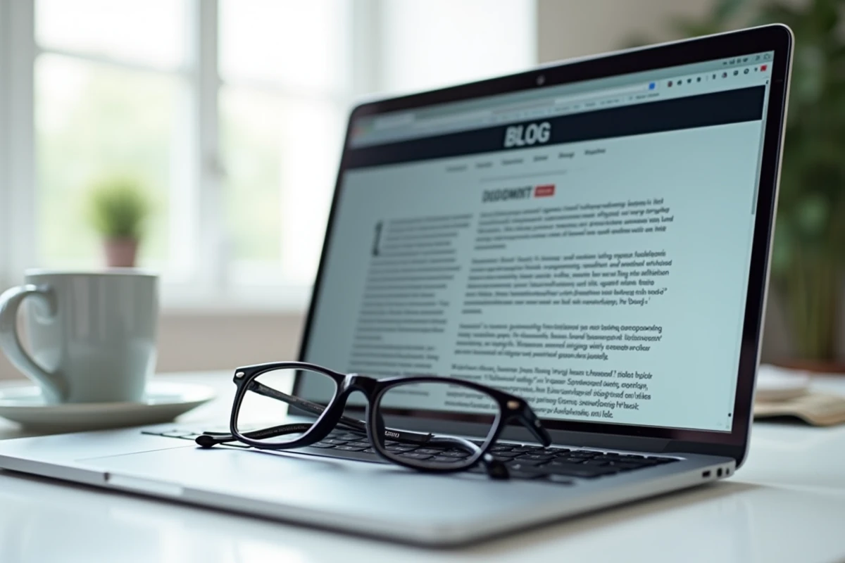 Écran d'ordinateur affichant un blog polémique avec des lunettes de lecture posées sur le clavier et une tasse de café en arrière-plan