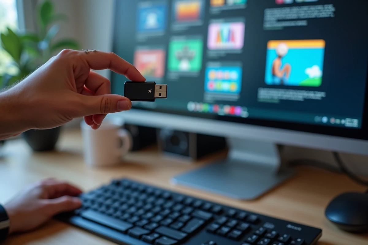 Gros plan d'un écran affichant une page Skyblog vintage avec une clé USB tenue à la main pour sauvegarder les souvenirs numériques