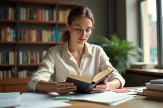 Éditrice analysant la couverture d'un livre dans un bureau de maison d'édition entouré de manuscrits