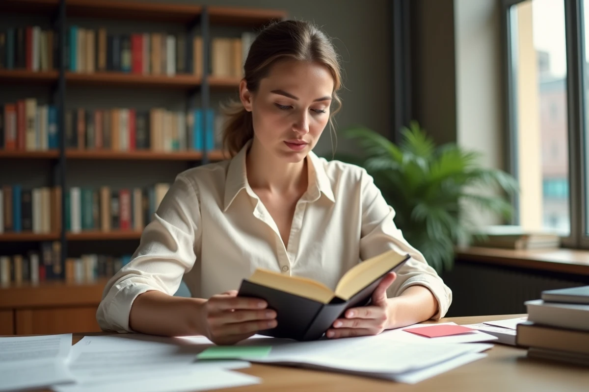 Éditrice analysant la couverture d'un livre dans un bureau de maison d'édition entouré de manuscrits