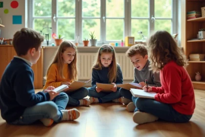 Groupe d enfants en cercle dans une classe lumineuse