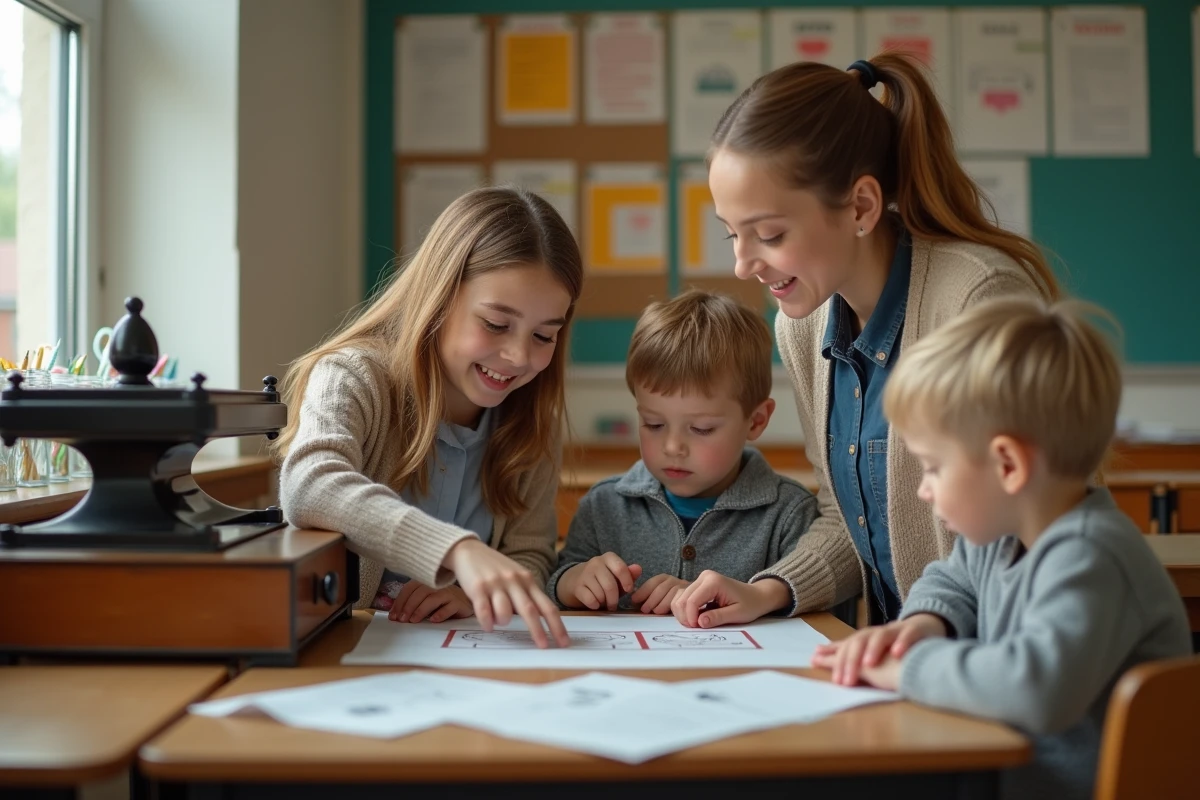 Enseignante montrant aux enfants comment imprimer
