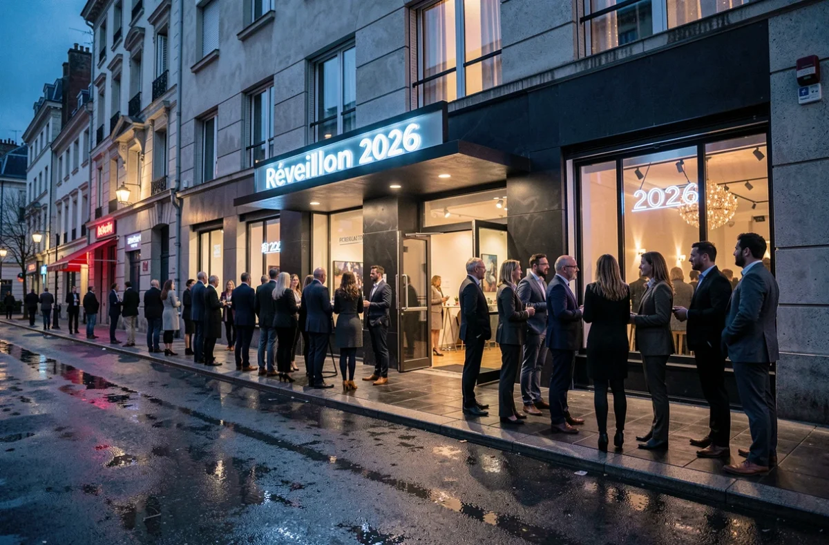 File d'attente devant l'entrée d'une salle de fête proposant une soirée organisée pour le réveillon du Nouvel An 2026
