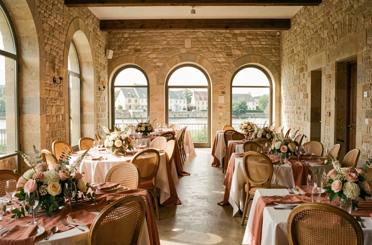 Salle de réception de l'Espace Flora à Beaumont-sur-Oise avec murs en pierre, fenêtres en arche et décoration florale style jardin