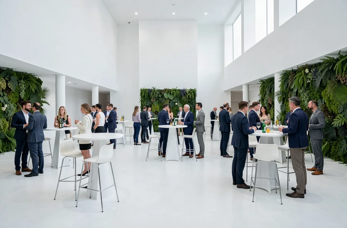 Intérieur moderne de L'Espace Lumière dans le Val-d'Oise avec sol blanc, mur végétal et configuration cocktail d'entreprise