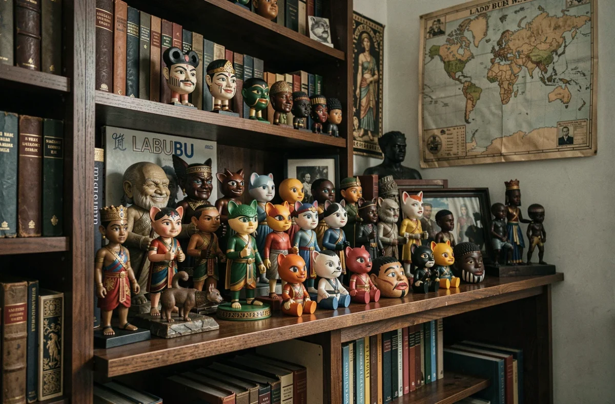 Étagère de collection avec des figurines Labubu mélangées à des masques folkloriques d'Asie et d'Afrique