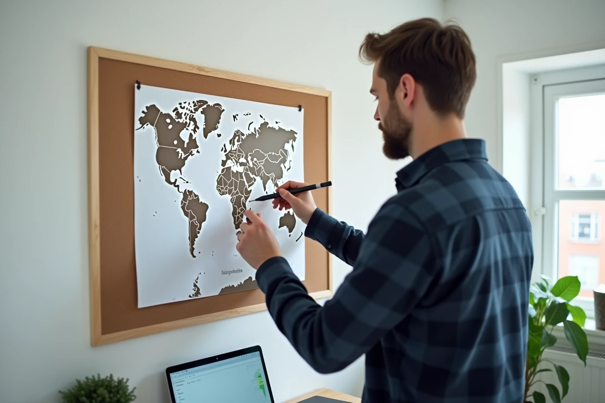 Étudiant annotant une carte du monde imprimée en PDF avec les capitales affichée sur un tableau en liège
