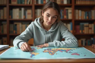 Étudiante consultant une grande carte du monde détaillée avec capitales dans une bibliothèque universitaire