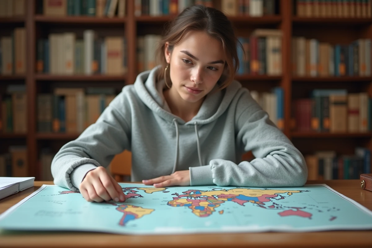 Étudiante consultant une grande carte du monde détaillée avec capitales dans une bibliothèque universitaire