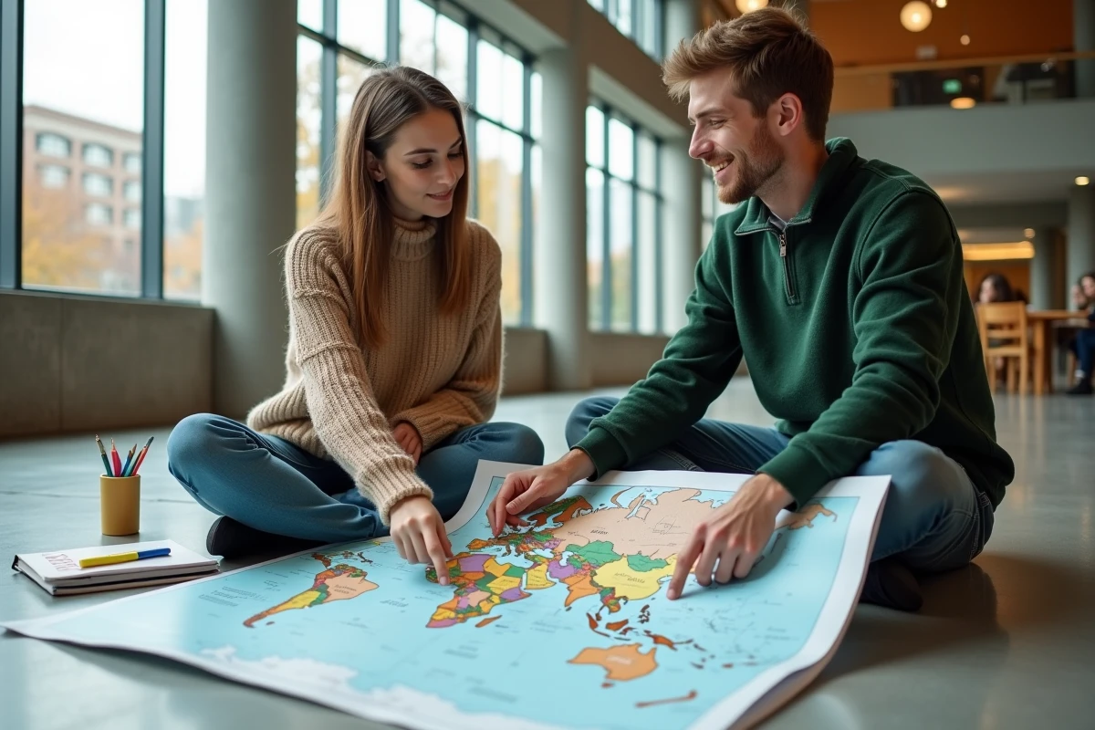 Deux étudiants travaillant ensemble sur une carte du monde détaillée avec les capitales dans un espace commun universitaire