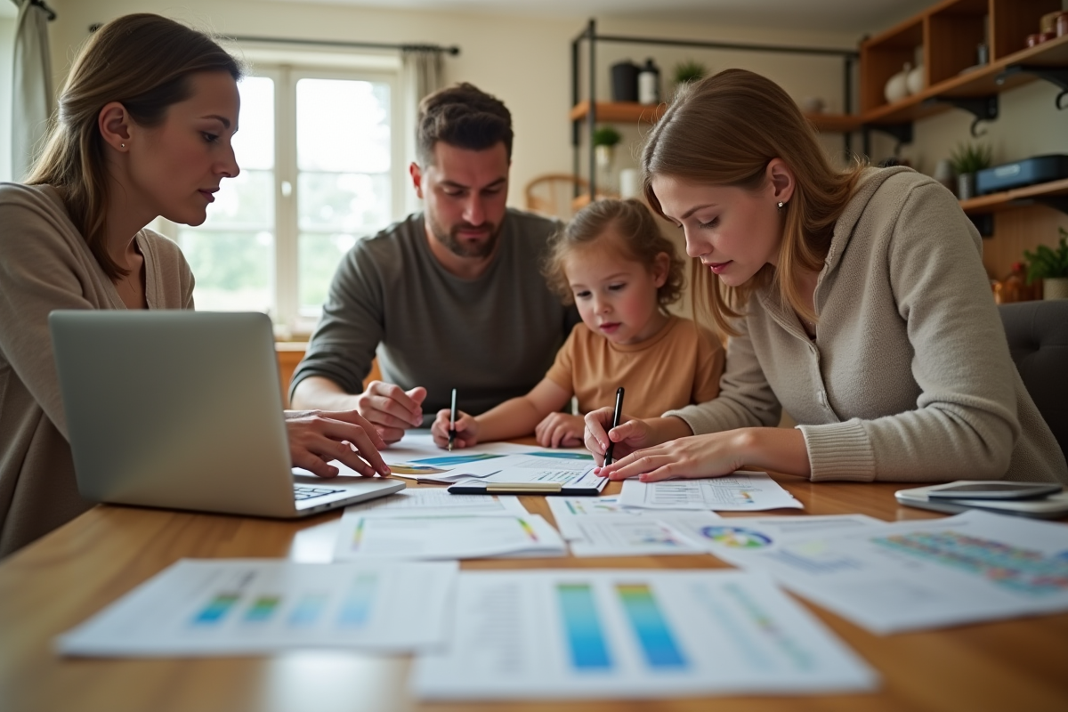 Famille planifiant le budget à la maison dans une ambiance chaleureuse