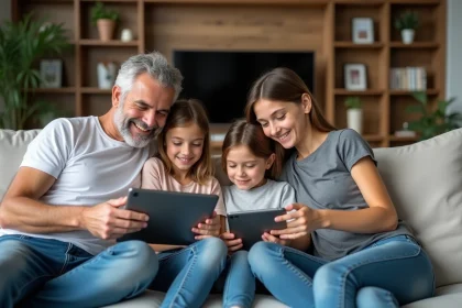 Famille de quatre souriante utilisant une application de gestion d'abonnements