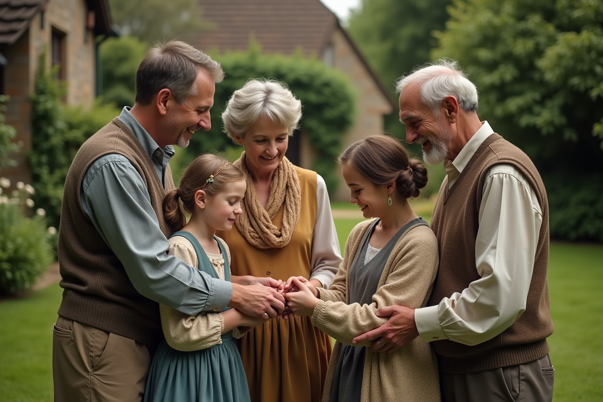 Une famille multigénérationnelle échangeant un héritage dans un jardin