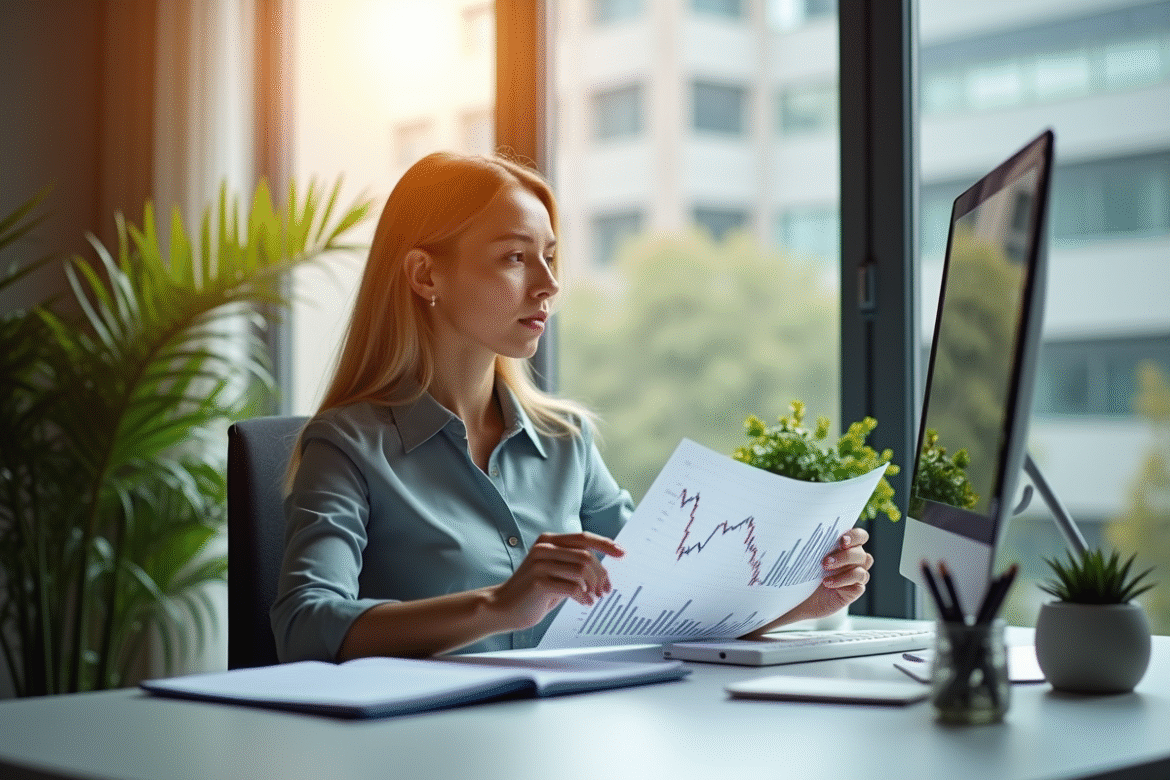 Femme d'affaires analysant des graphiques financiers avec optimisme