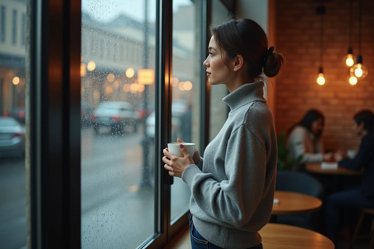 Femme pensive près d'une fenêtre de café sous la pluie, symbolisant l'amour impossible et la frontière entre désir et réalité