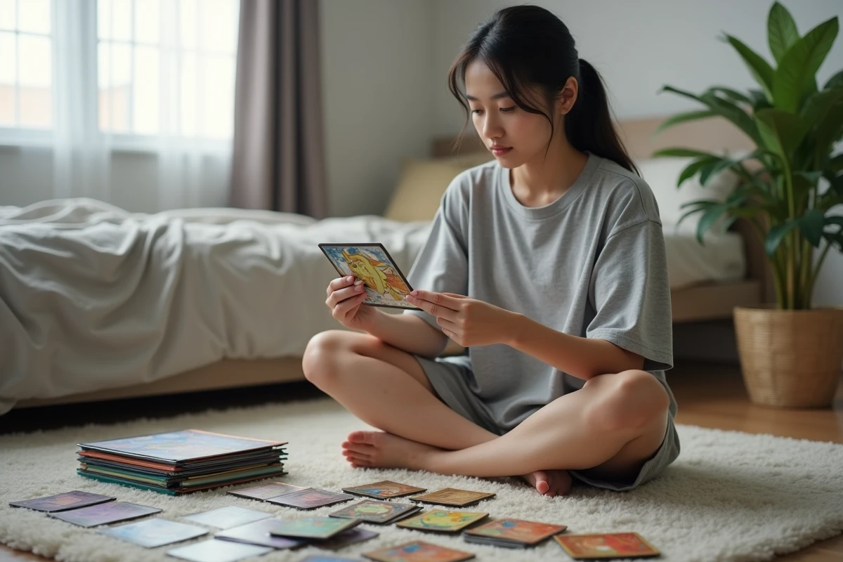 Jeune femme comparant des cartes Pokémon Pocket assise sur le sol de sa chambre entourée de classeurs