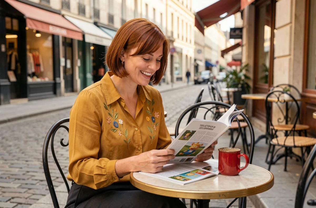Jeune femme lisant un article sur les Télétubbies en terrasse de café parisien avec une tasse rouge