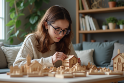 Jeune femme avec lunettes assemble puzzle en bois dans un salon