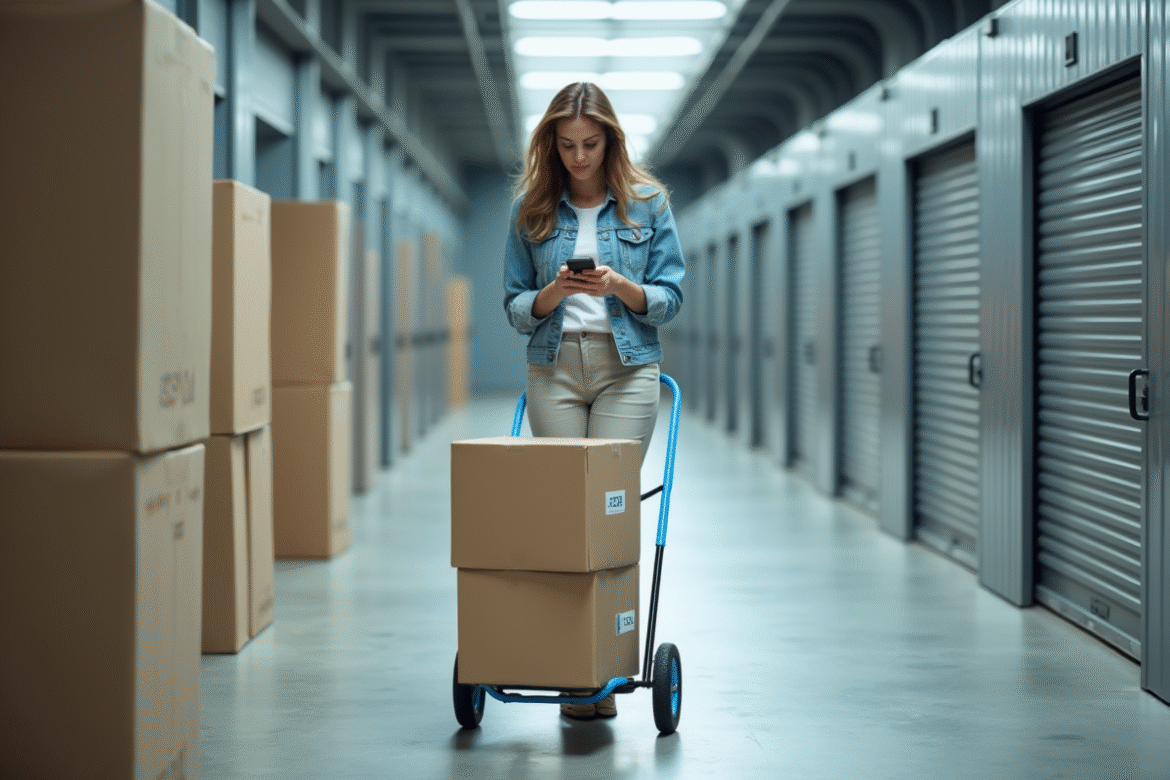 Femme en denim poussant un colis dans un couloir de stockage